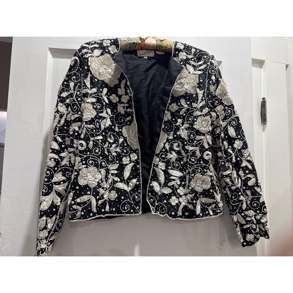 Vintage Black Silk Sequin Jacket | Beaded Floral Embroidery, Size Small